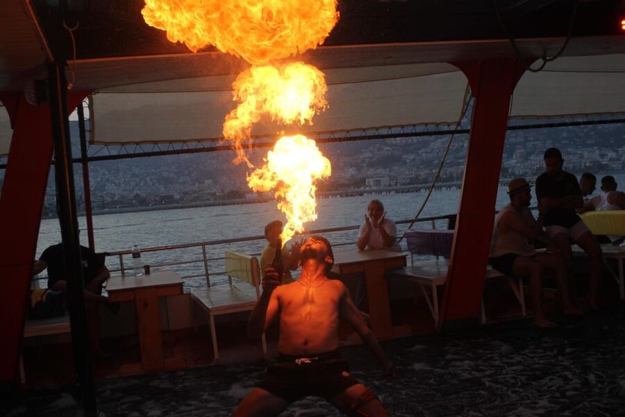 Alanya: Evening Jeep Tour with Sunset Boat Trip and Dinner - Night lights and fireworks from the hill