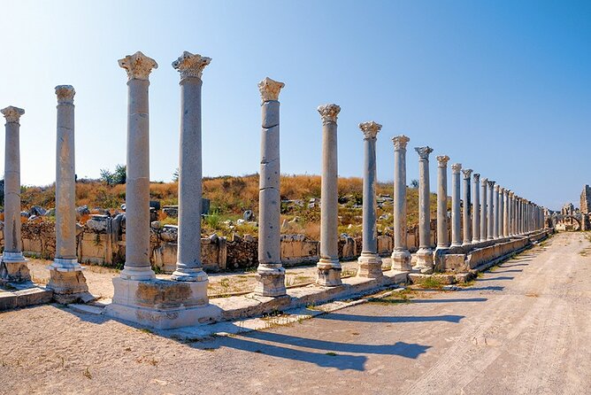 Perge Aspendos Aquaduct Side with Waterfall - Side: ancient ruins on a narrow peninsula